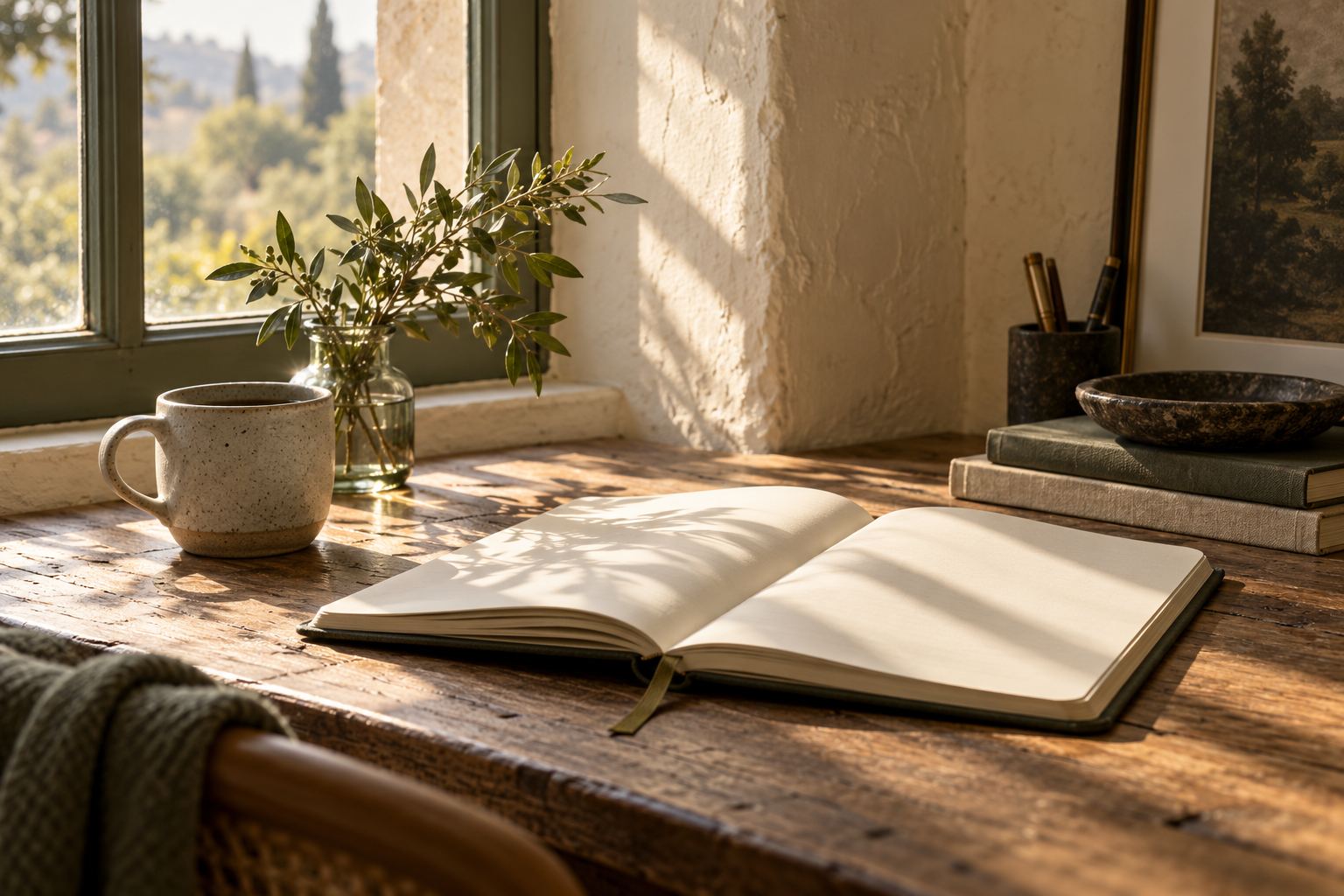 An open blank notebook in warm morning light beside a window